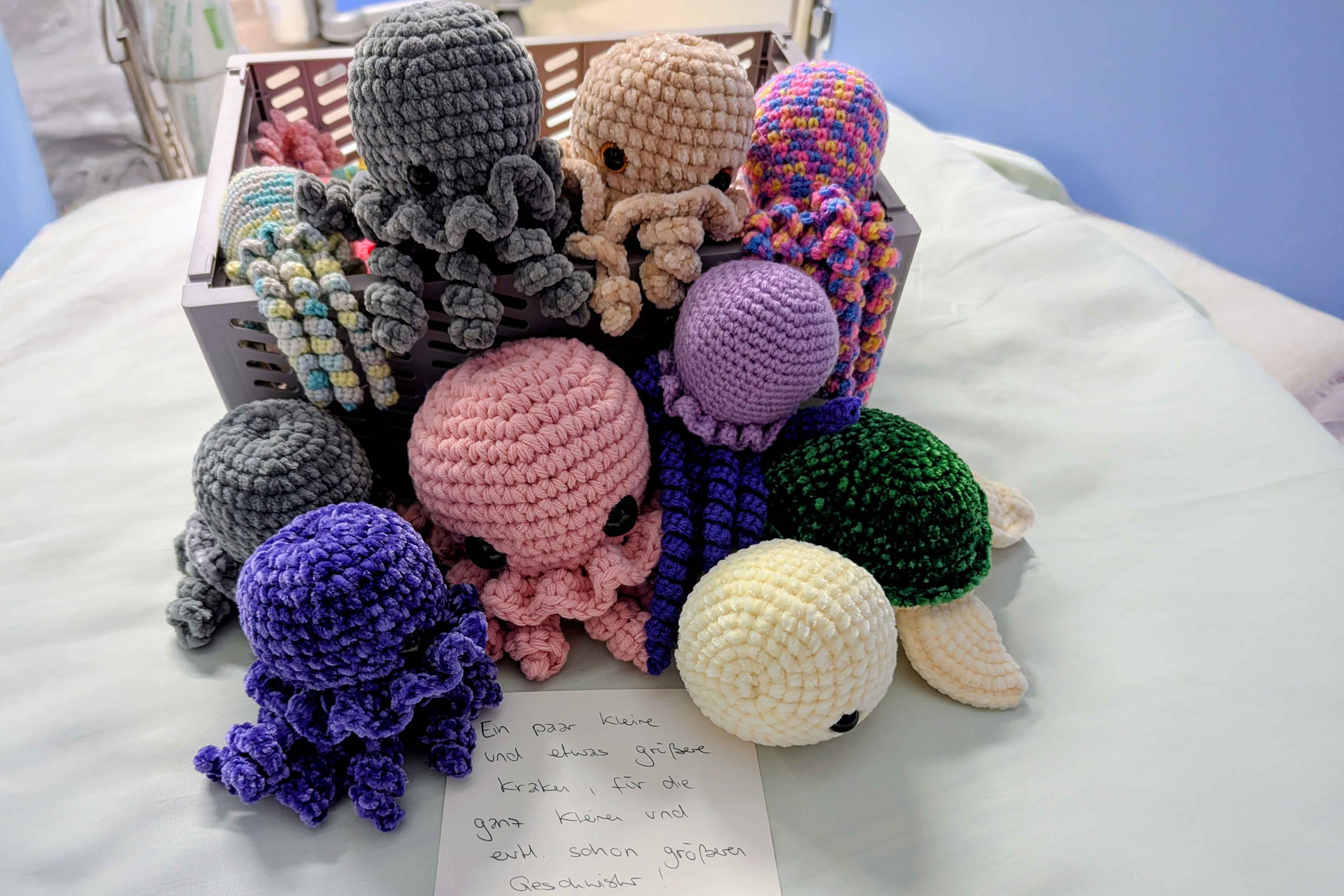 Handgefertigte Kraken für die Kleinsten und ihre Geschwister spendete uns Kollegin Clarissa Ludes.
