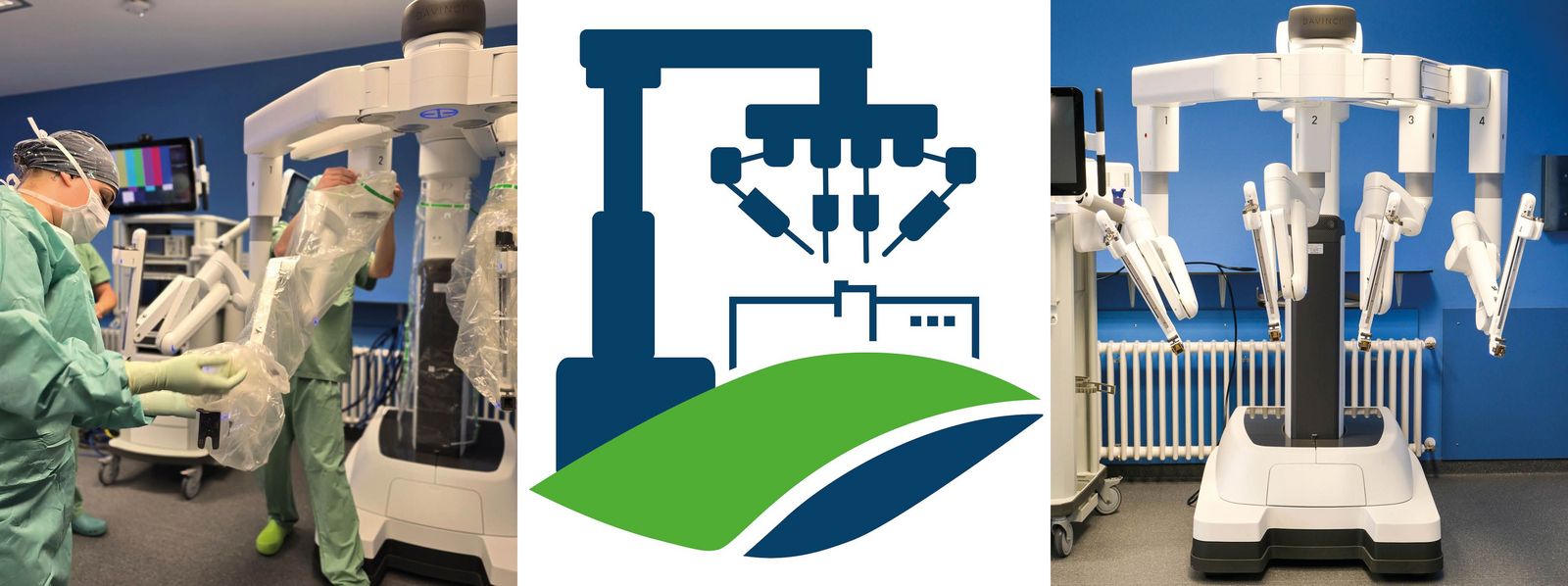 Collage aus drei Motiven: 1. zwei OTAs stülpen den DaVinci-Operationsarmen im OP-Saal Schutzverkleidung über; 2. Icon eines DaVinci-Roboters, der das Logo des Klinikums Saarbrücken "operiert"; 3. ein Teil des DaVinci-Roboters im OP-Saal, der noch nicht angeschlossen ist DaVinci_OP-Vorbereitung_Icon_Slider.jpg