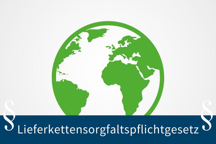 Grafik Weltkugel, Paragraphen und Schriftzug Lieferkettensorgfaltspflichtgesetz