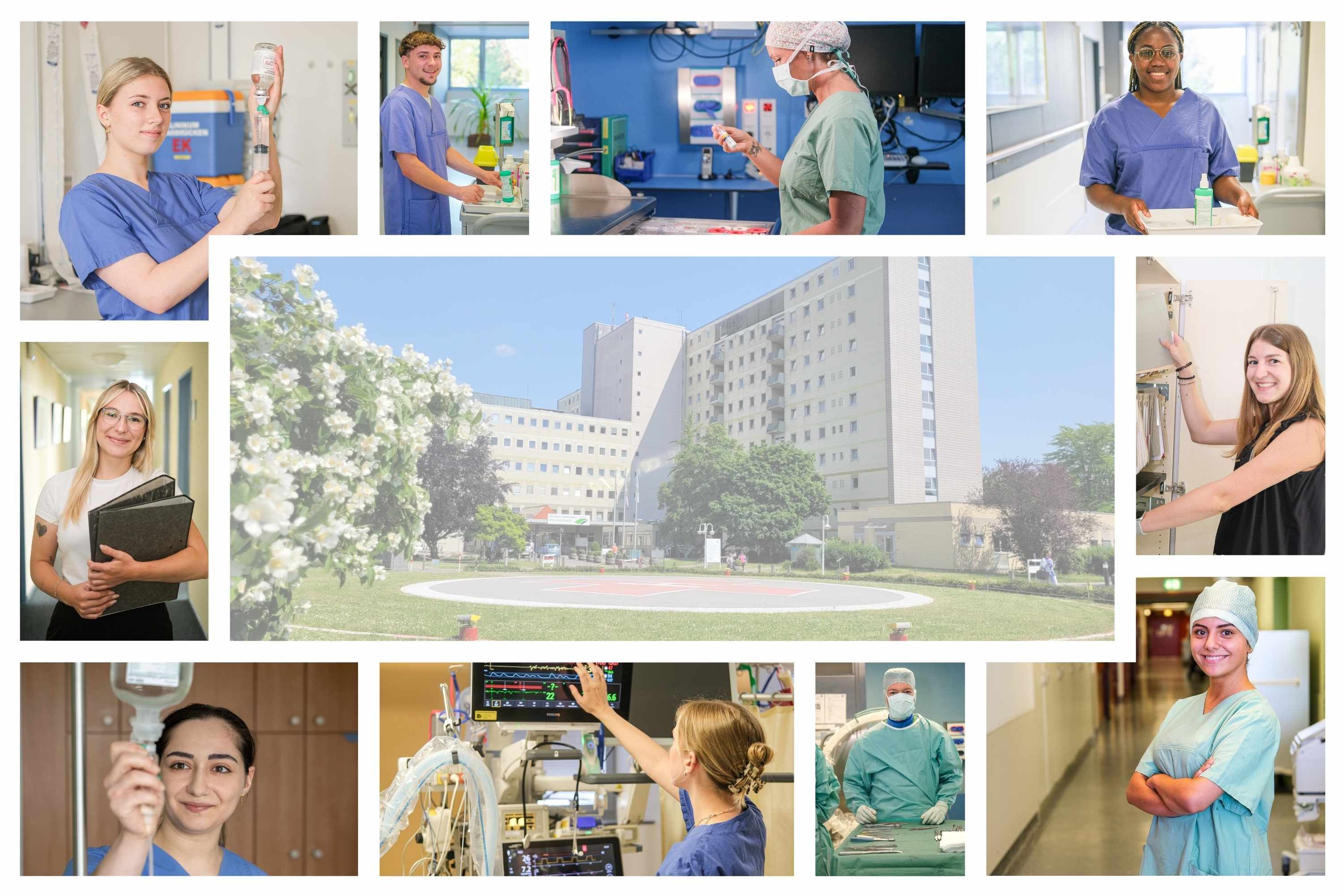 Collage mit verschiedenen Auszubildenden im Klinikum Saarbrücken: Jetzt bewerben