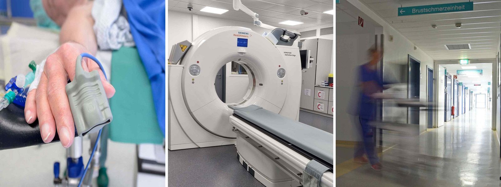Eine Collage aus drei Fotos: links sieht man einen Patienten, der auf einem Bett liegt. In der Mitte ein CT im Schockraum und rechts ein verschwommenes Foto vom Flur der Notaufnahme Slider_ZNA_2.jpg