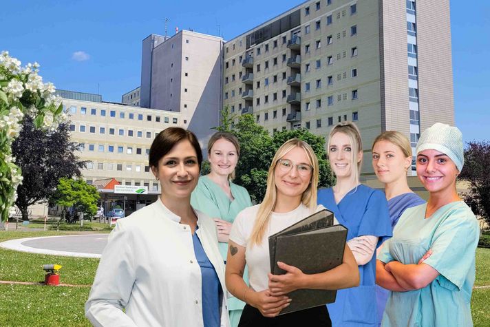 Collage: Mehrere weibliche Mitarbeiterinnen vor dem Klinikum Saarbrücken