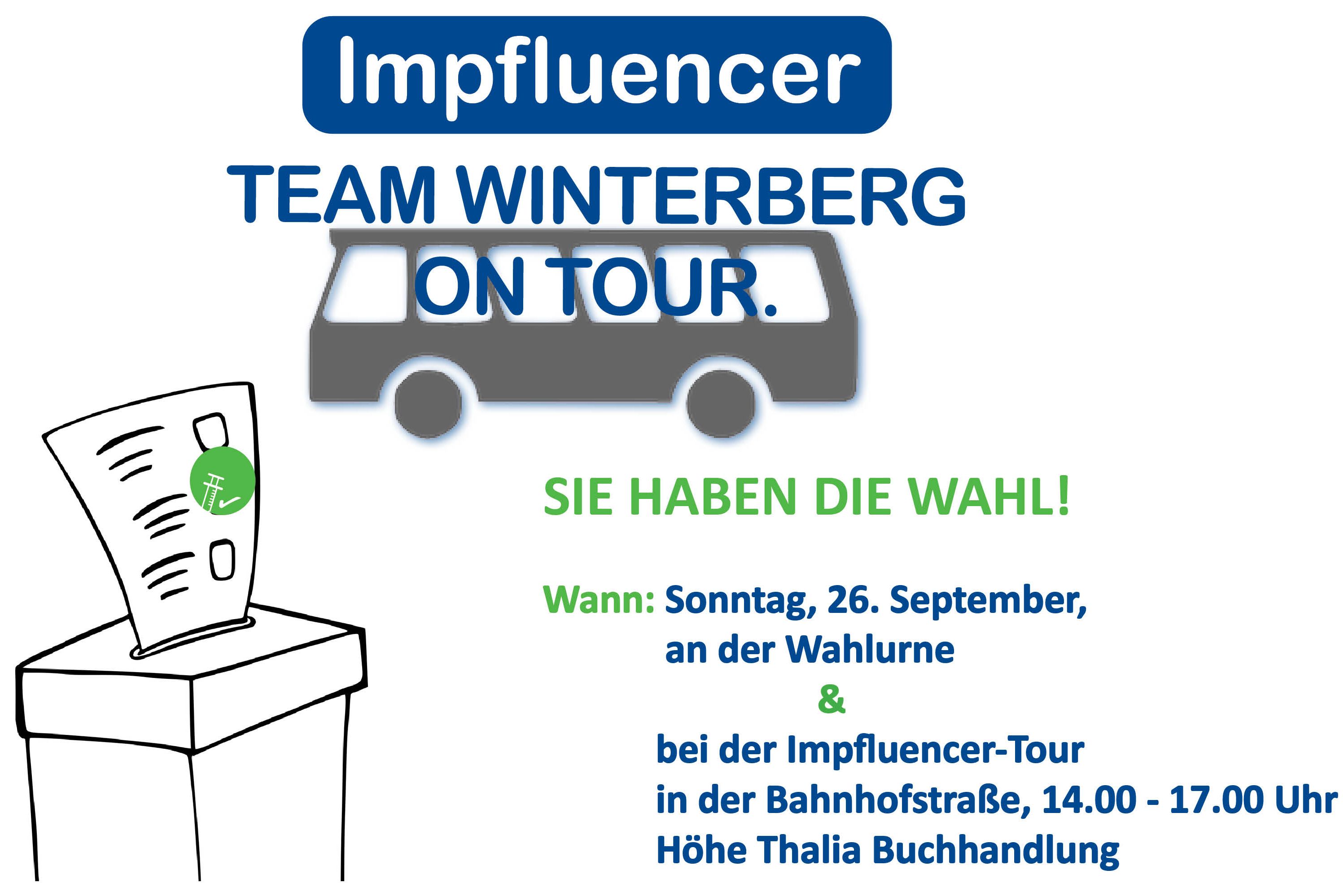 Collage Impfbus Team Winterberg und Wahlurne: Das Team Winterberg setzt seine Impfluencer-Tour fort: Am 26. September wird in der Bahnhofstraße in Saarbrücken geimpft.