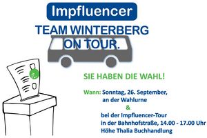 Collage Impfbus Team Winterberg und Wahlurne: Das Team Winterberg setzt seine Impfluencer-Tour fort: Am 26. September wird in der Bahnhofstraße in Saarbrücken geimpft.