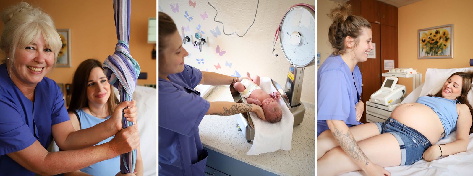 Zwei Bilder einer Schwangeren im Liegen und zwei Hebammen, die sich um sie kümmern, sowie in der Mitte eine Hebamme, die ein Baby wiegt Geburtshilfe_Hebammen_Slider.jpg