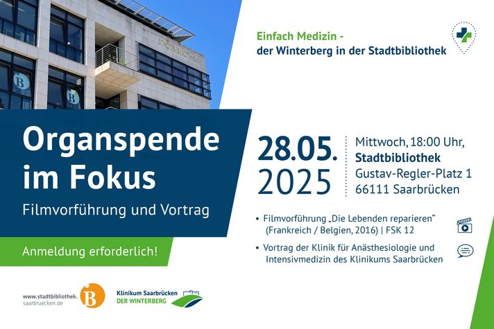 Grafik: Organspende im Fokus, Filmvorführung in der Stadtbibliothek Saarbrücken am 28. Mai 2025 um 18 Uhr