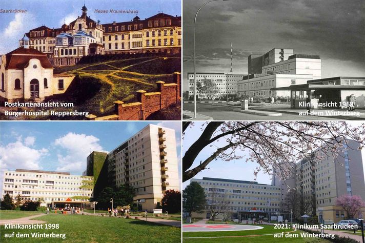 Das Klinikum Saarbrücken im Laufe der Zeit - seit 1968 auf dem Winterberg - Collage mit Bildern aus verschiedenen Jahrzehnten