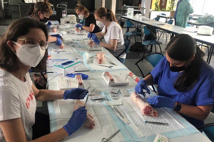 Medizinstudenten üben diverse Nahttechniken ein im Rahmen eines Kurses.