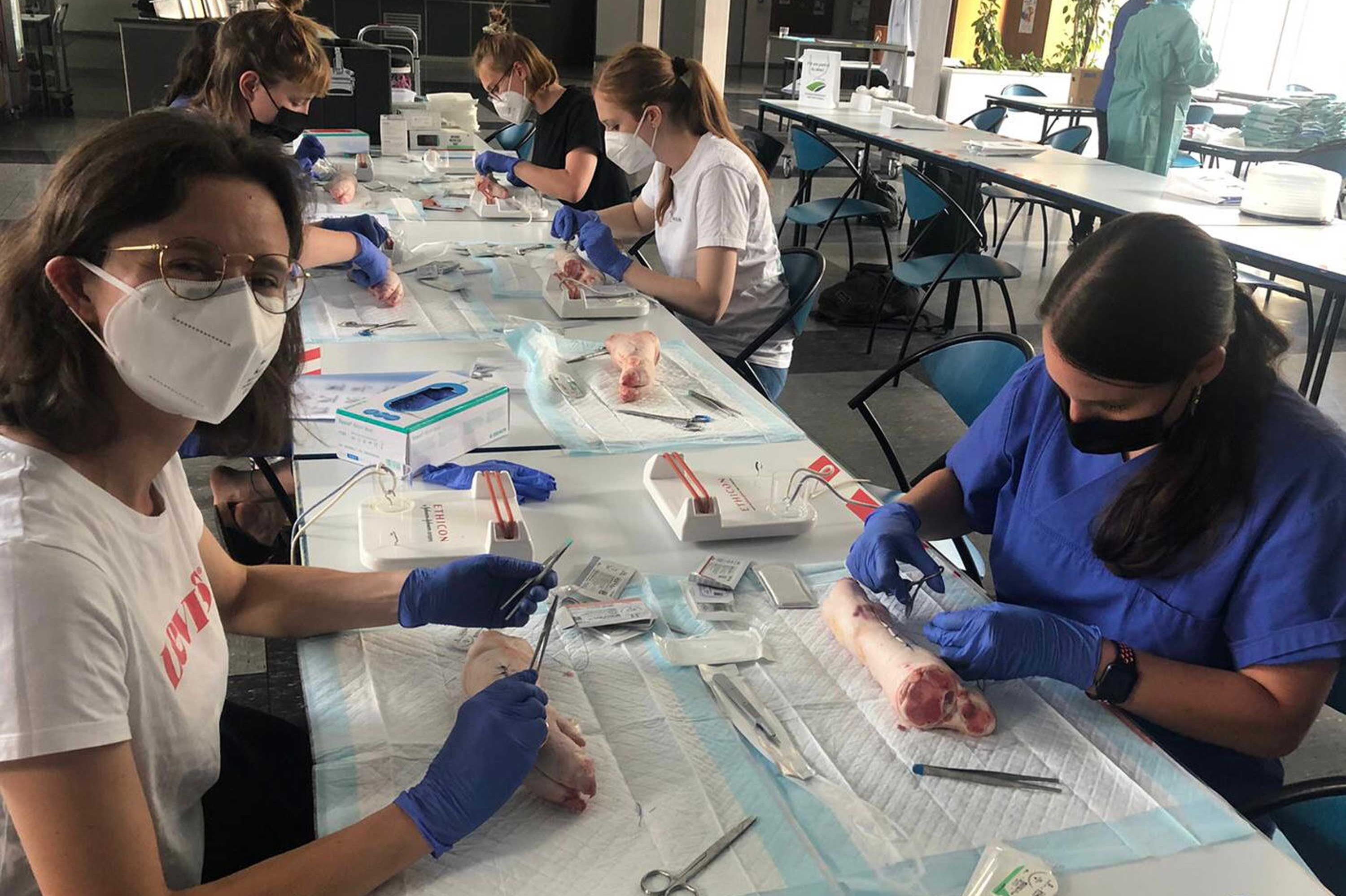 Medizinstudenten üben diverse Nahttechniken ein im Rahmen eines Kurses.