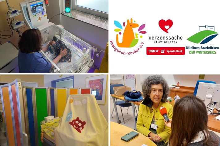 Collage: Herzenssache e.V. unterstützt Arbeit des Känguruh-Kinder e.V. im Klinikum Saarbrücken - Interviewsituation, Logos, schon realisierte Projekte als Foto