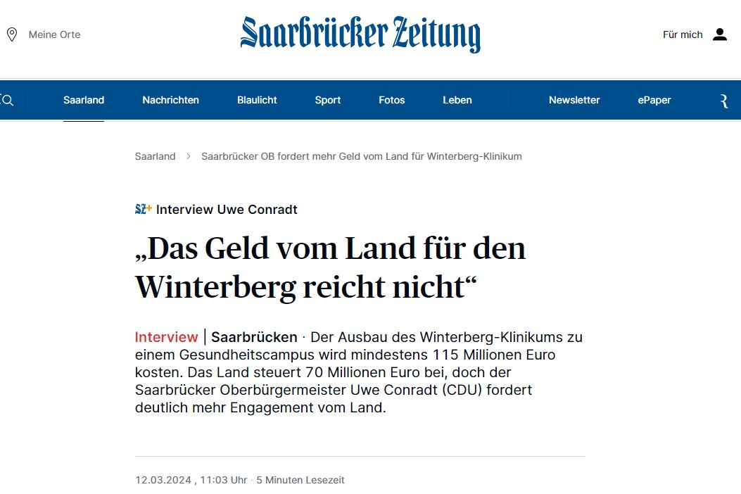 Ein Screenshot von einem Artikel in der Saarbrücker Zeitung über das Thema Gesundheitscampus 