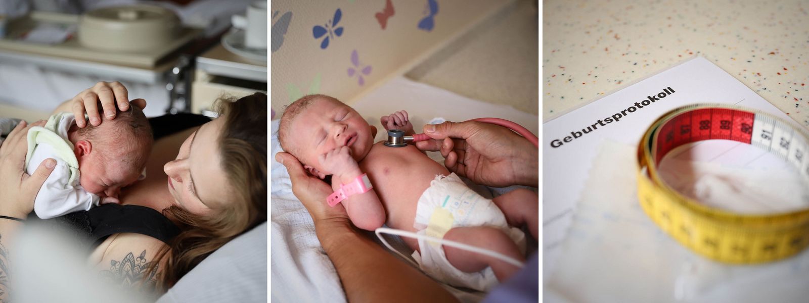 Eine Collage: Mutter und Kind, ein Baby, das untersucht wird und ein Geburtenprotokoll Geburtshilfe_Mama-Baby_Geburtsprotokoll_Untersuchung_Slider.jpg
