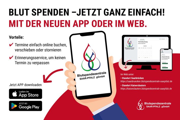 Eine Grafik mit dem Text: Blut spenden - jetzt ganz einfach! Mit der neuen App oder im Web