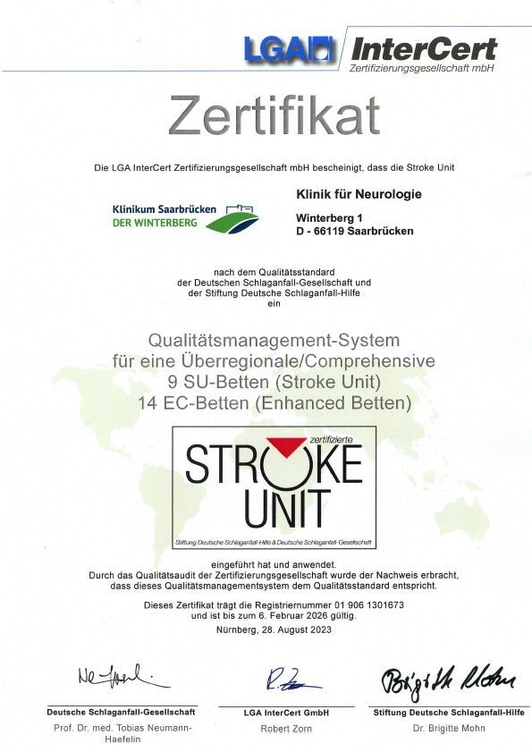 Zertifikat der Zertifizierungsgesellschaft InterCert, die der Stroke Unit auf dem Winterberg bescheinigt, dass diese den Qualitätsstandard der Deutschen-Schlaganfall-Gesellschaft und der Stiftung Deutsche Schlafanfall-Hilfe anwendet.