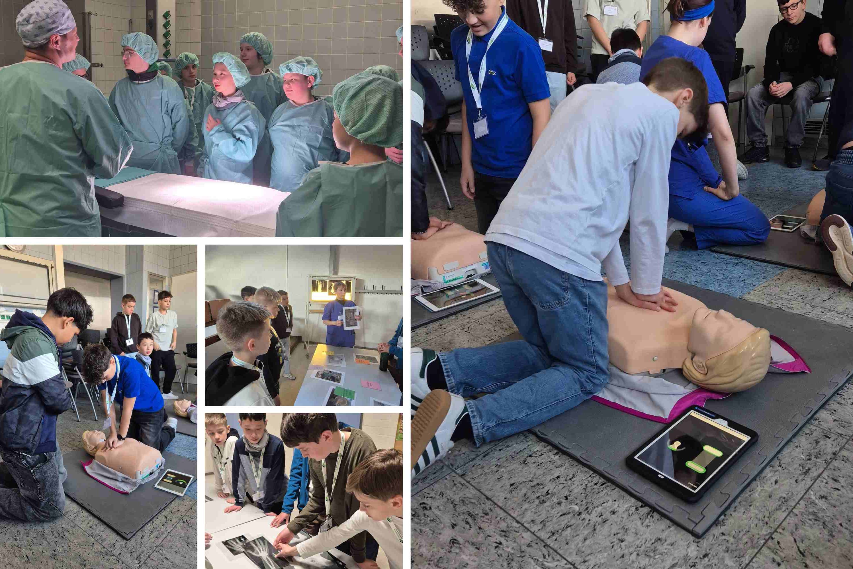 Eine Collage aus Fotos vom Boys Day im Klinikum Saarbrücken. Darauf sieht man Jungs in OP-Kleidung, Jungs, die an Puppen reanimieren üben