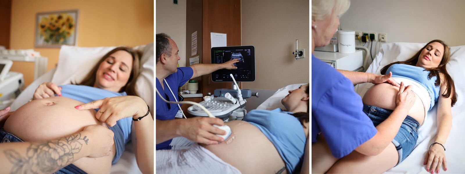 Drei Fotos einer Schwangeren mit Babybauch bei der Untersuchung im Klinikum Saarbrücken durch einen Arzt und eine Hebamme Geburtshilfe_Mama-Untersuchung_Slider.jpg