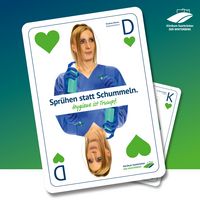 Grafik zur Hygienekampagne "Hygiene ist Trumpf", Gesundheits- und Krankenpflegerin Kristina Denne: Sprühen statt Schummeln. 