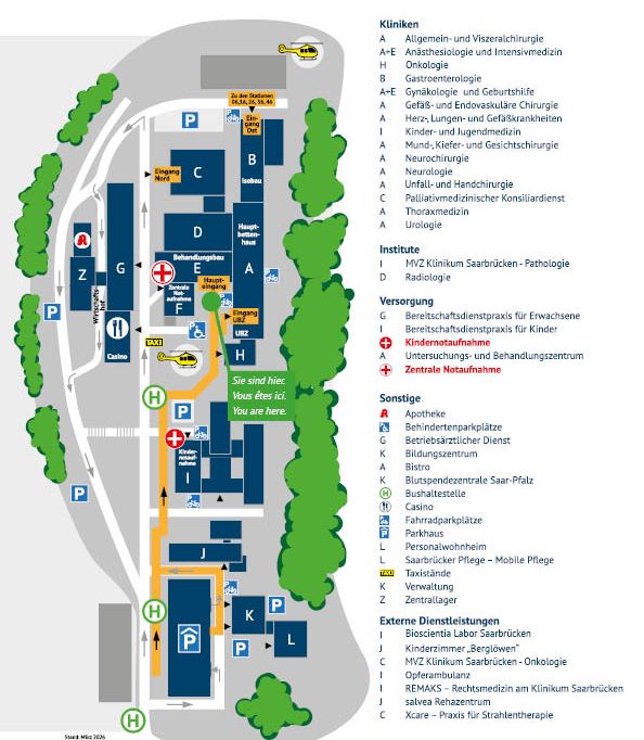 Lageplan: Übersicht über die Kliniken, Fachabteilungen und Institute sowie weitere relevante Bezugspunkte im Klinikum Saarbrücken auf dem Winterberg
