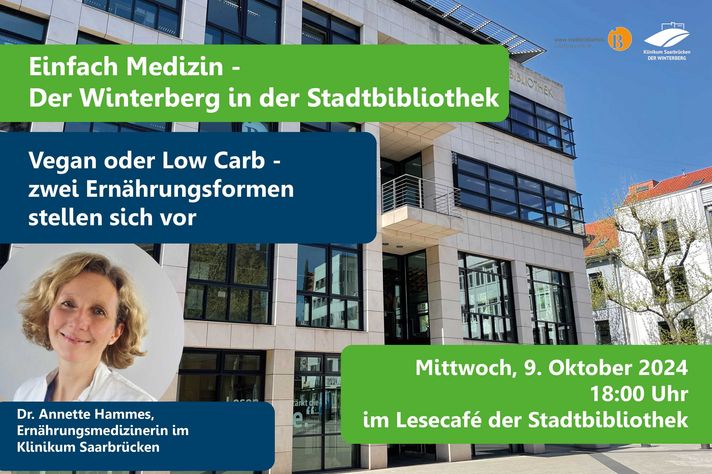 Grafik für die Patientenveranstaltung: Low Carb oder Vegan: Zwei Ernährungsformen stellen sich vor mit Dr. Annette Hammes