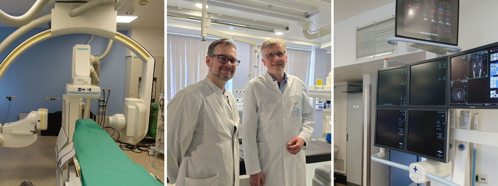 Collage: Bild links der Angiographieraum im Klinikum Saarbrücken, Bild Mitte: Chefärzte Dr. Michael Steffen (links) und Prof. Dr. Elmar Spüntrup, Bild rechts: Monitore der Angiographieanlage Radiologie_Slider_2.jpg