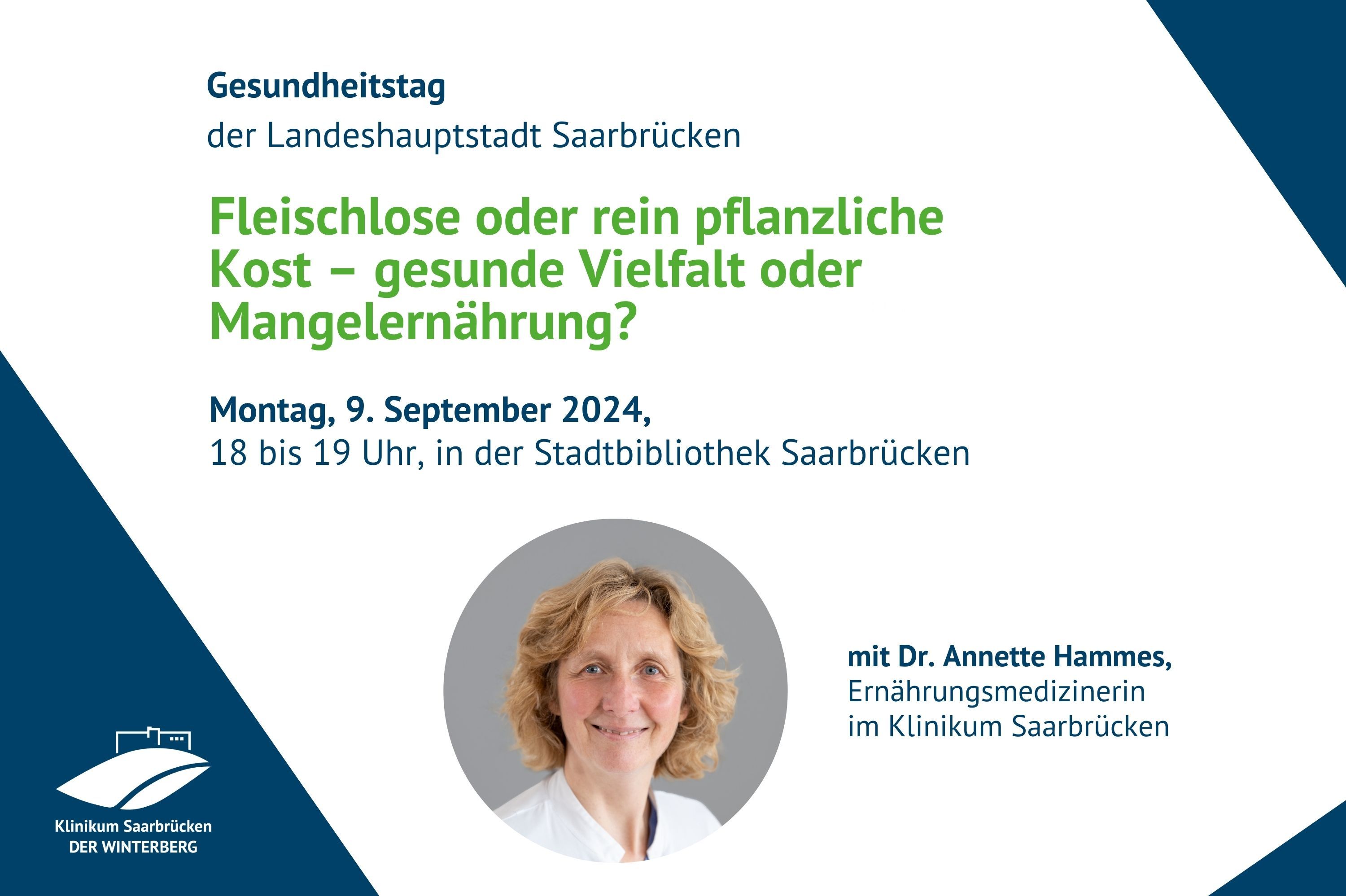 Grafik: Info Veranstaltung zum Thema "Fleischlose oder rein pflanzliche Kost - gesunde Vielfalt oder Mangelernährung" am Montag, 9. September 2024, von 18-19 Uhr in der Stadtbibliothek Saarbrücken