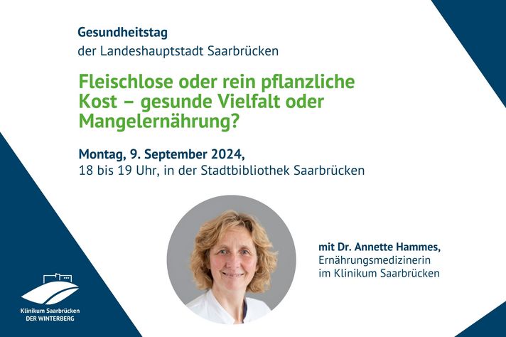 Grafik: Info Veranstaltung zum Thema "Fleischlose oder rein pflanzliche Kost - gesunde Vielfalt oder Mangelernährung" am Montag, 9. September 2024, von 18-19 Uhr in der Stadtbibliothek Saarbrücken