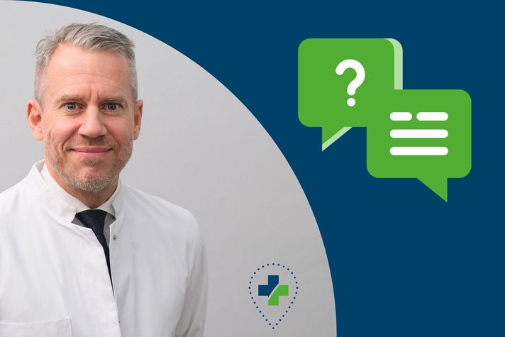 Prof. Dr. Florian Custodis im Kittel vor zweifarbigem Hintergrund mit medizinischen Icons für Fragen und Beratung sowie Symbol für Gesundheitsstandort. 