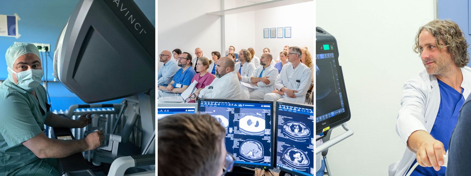 Collage aus drei Bildern: Alexander Gamrekeli steuert im OP an der Konsole den DaVinci-OP-Roboter; 2. Foto: Blick auf die Tumorkonferenz im Klinikum Saarbrücken; 3. Foto: Felix Stöckle schallt einen Patienten Slider_Thoraxmedizin_OP_und_Untersuchung.jpg