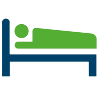 Icon: Blaues Bett und in Grün Patient unter einer Decke