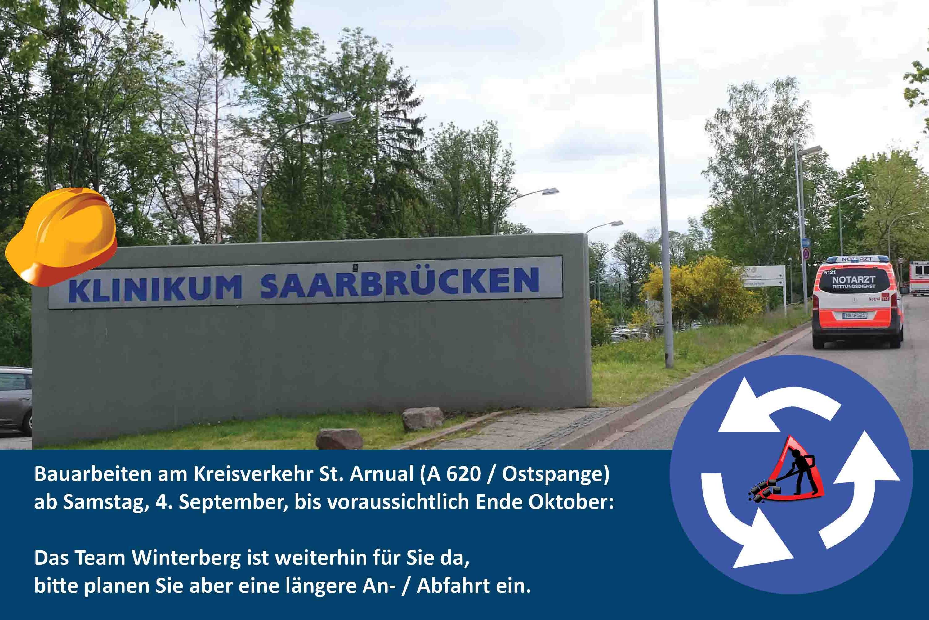 Collage Einfahrt zum Klinikum Saarbrücken mit Hinweis zu Bauarbeiten am Kreisverkehr in St. Arnual