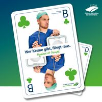 Grafik zur Hygienekampagne "Hygiene ist Trumpf", Sterilisationsassistent Peter Feld: wer Keime gibt, fliegt raus.