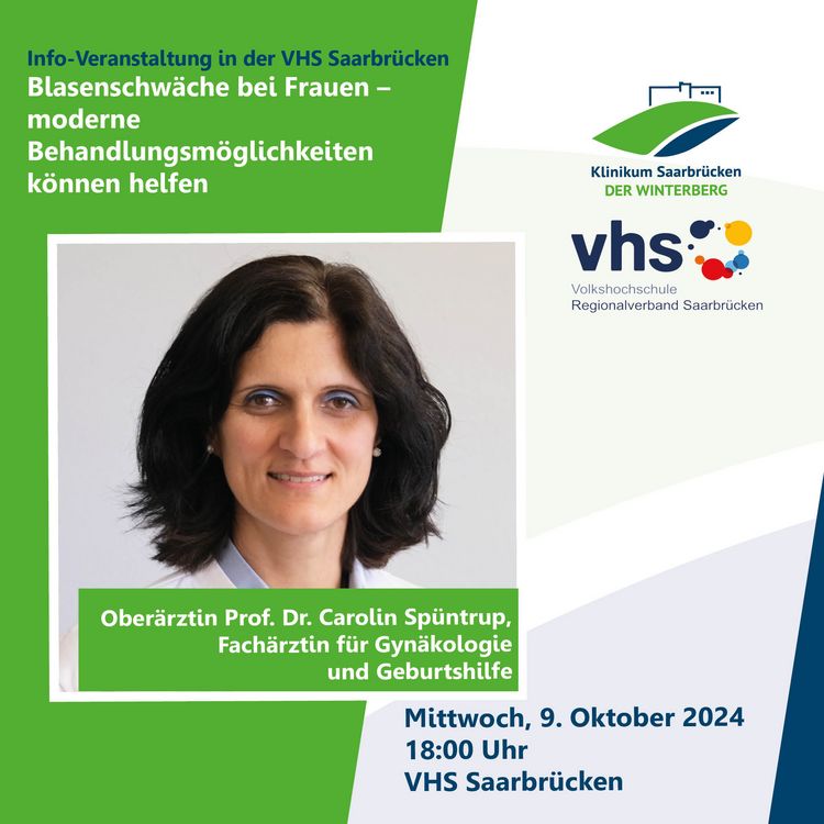 Grafik: Veranstaltungsreihe in Kooperation mit der VHS Saarbrücken startet mit dem Vortrag: "Blasenschwäche bei Frauen - moderne Behandlungsmöglichkeiten können helfen".