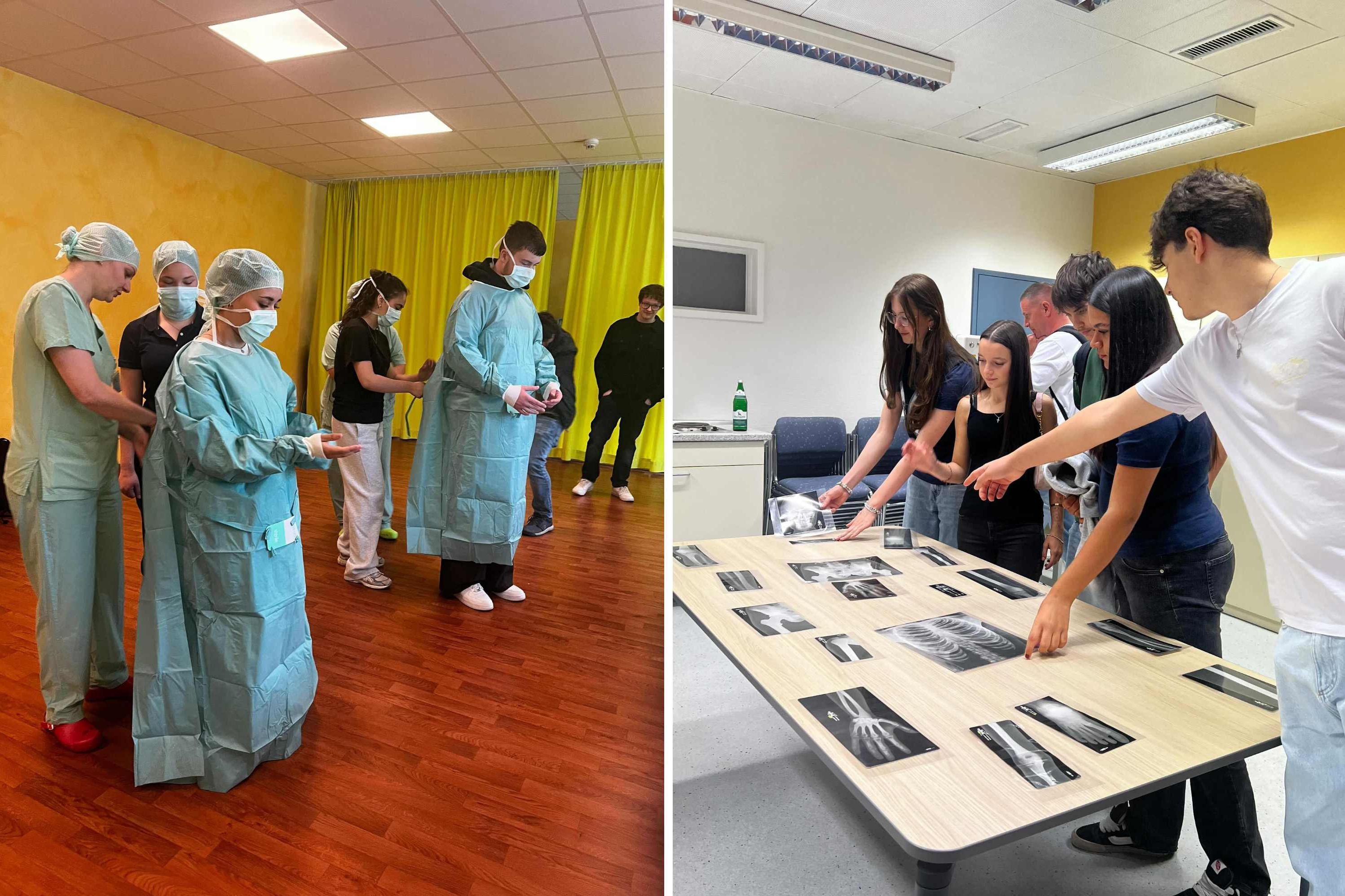 Schülerinnen und Schüler im praktischen Ausporbieren im Klinikum Saarbrücken. Links: Steriles Anziehen und rechts Erkennen von Röntgenaufnahmen
