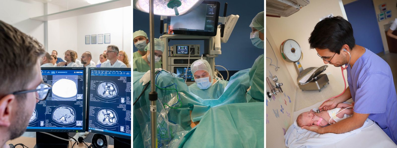 Collage aus drei Bildern: 1. Blick auf CT-Aufnahmen bei der Tumorkonferenz, 2. Blick in den OP bei einer gynäkologischen Operation; 3. Arzt untersucht Neugeborenes Tumorkonferenz_OP_Untersuchung_Baby_Slider.jpg