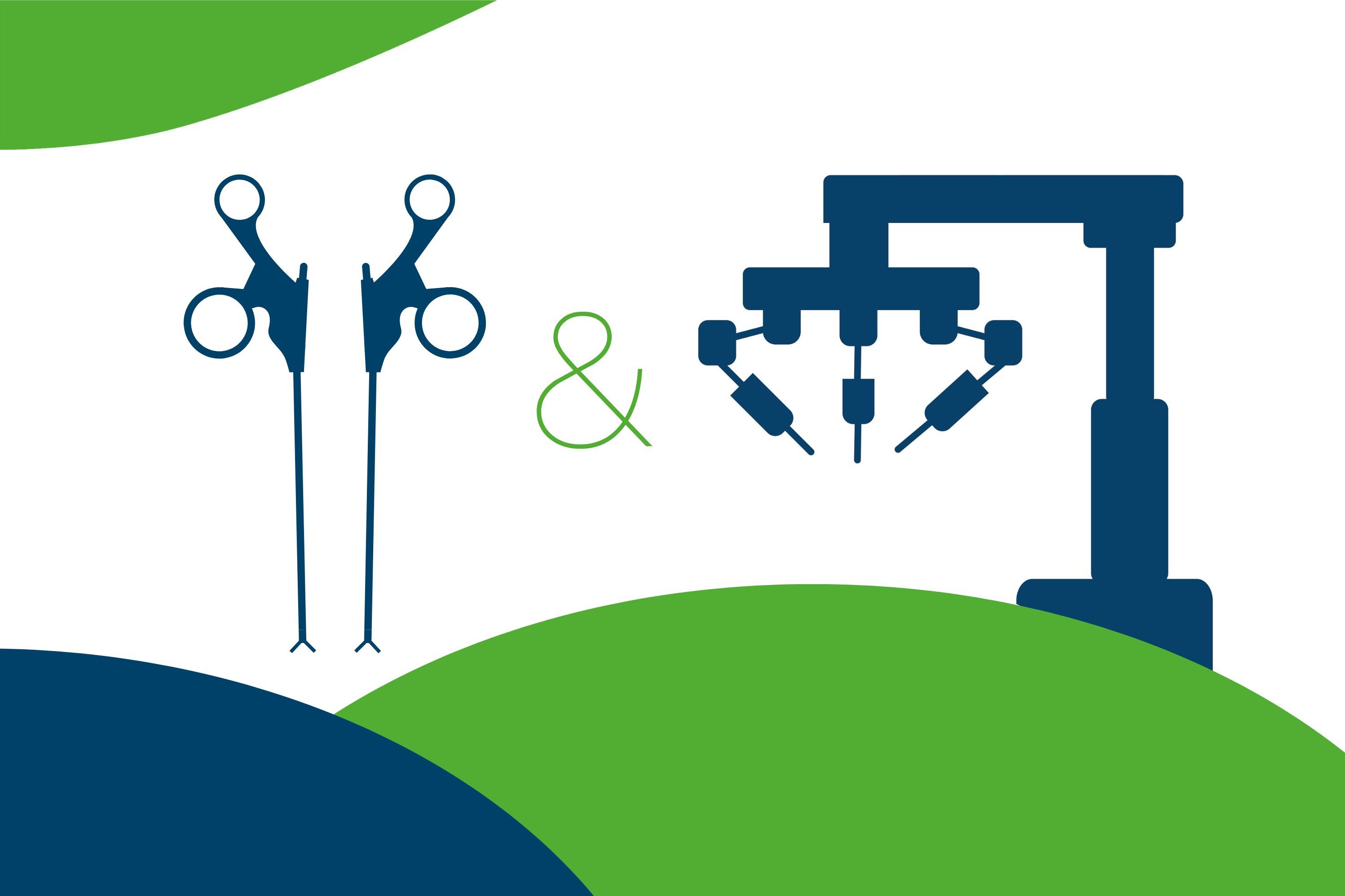 Grafik mit zwei blaue laparoskopischer Instrumente links, ein blaues mehrarmiges robotisches OP‑System rechts