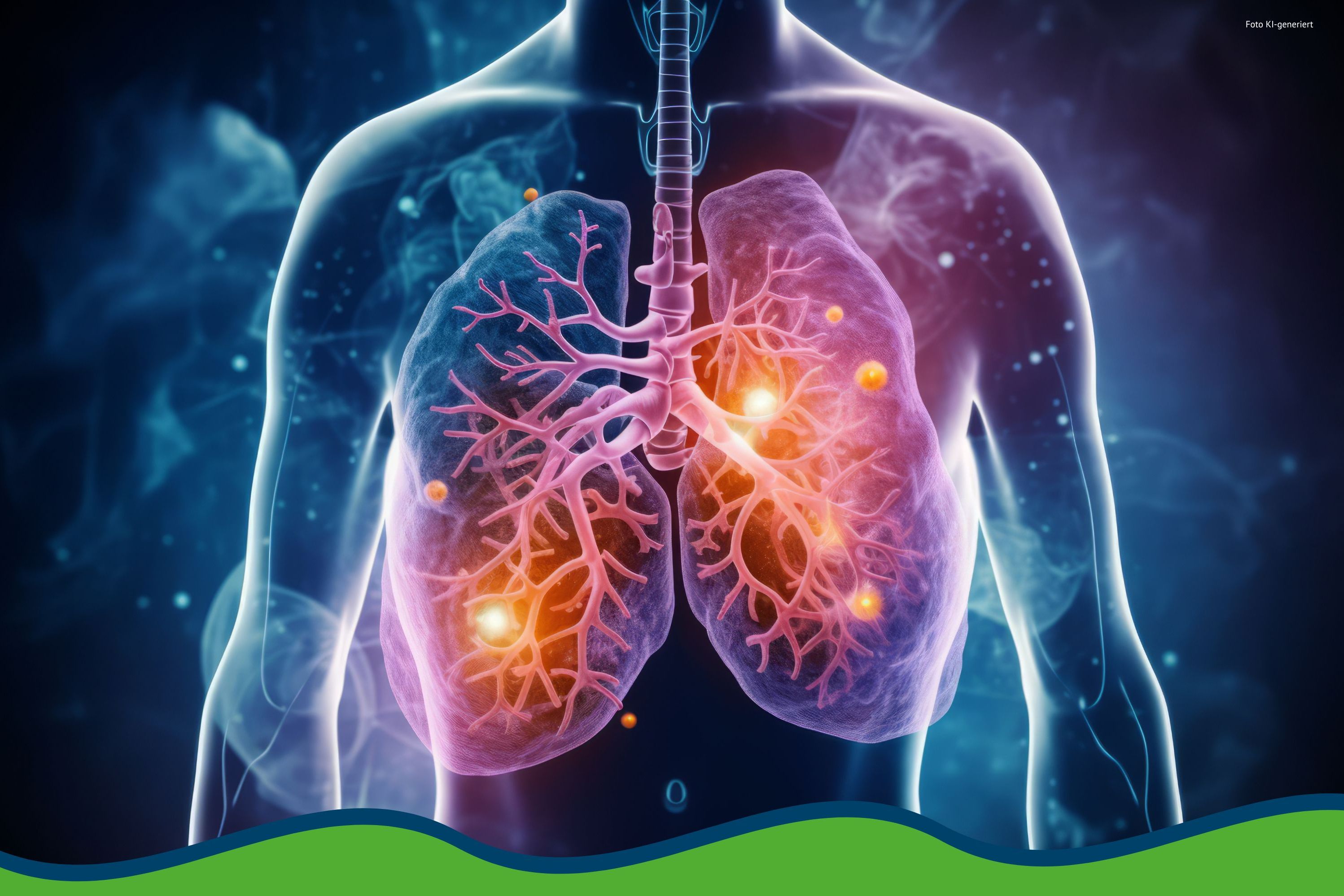 Das Bild zeigt ein Symbolfoto eines menschlichen Oberkörpers, bei dem die Lunge dargestellt ist.