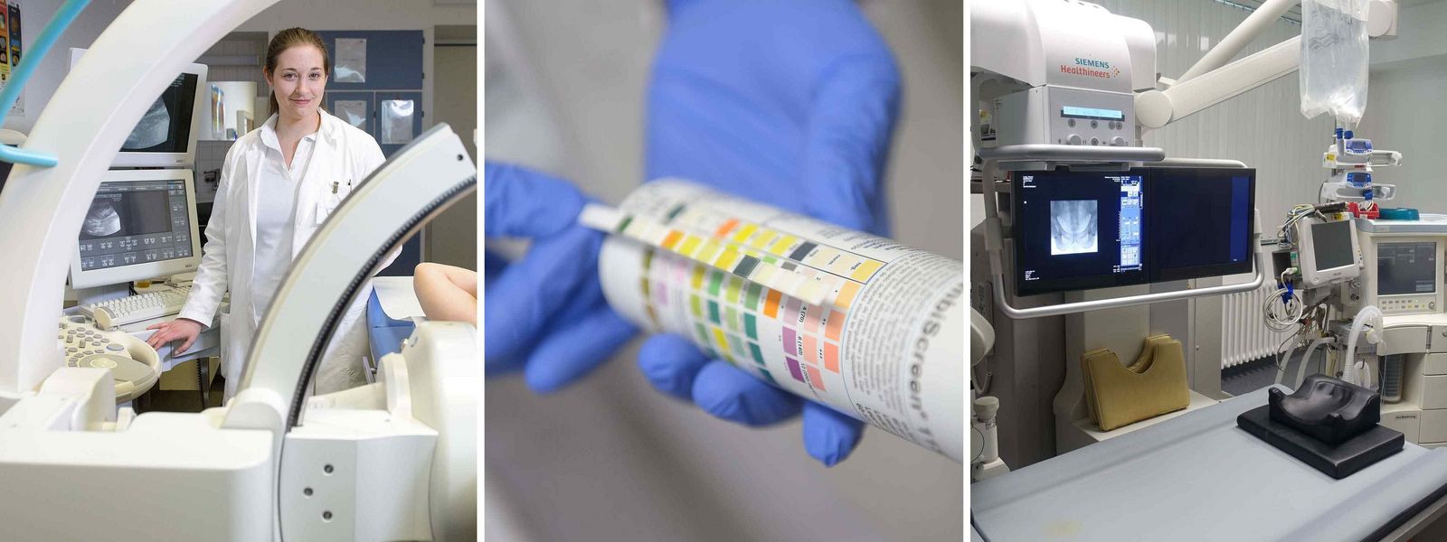 Eine Collage aus drei Fotos nebeneinander. Links eine Ärztin in einem Behandlungsraum, in der Mitte ein Farbtest und rechts ein Foto aus einem urologischen Op-Saal Slider_Urologie.jpg