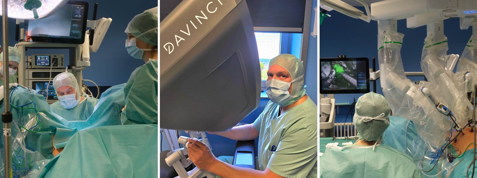 Operative Gynäkologie im Klinikum Saarbrücken, Collage aus drei Bildern: 1. Blick auf eine OP mit Chefarzt PD Dr. Baum, 2. Dr. Baum an der DaVinci-Konsole; 3. Ärztin blickt während einer robotisch unterstützten Operation auf einen Monitor Gynaekologie_DaVinci.jpg