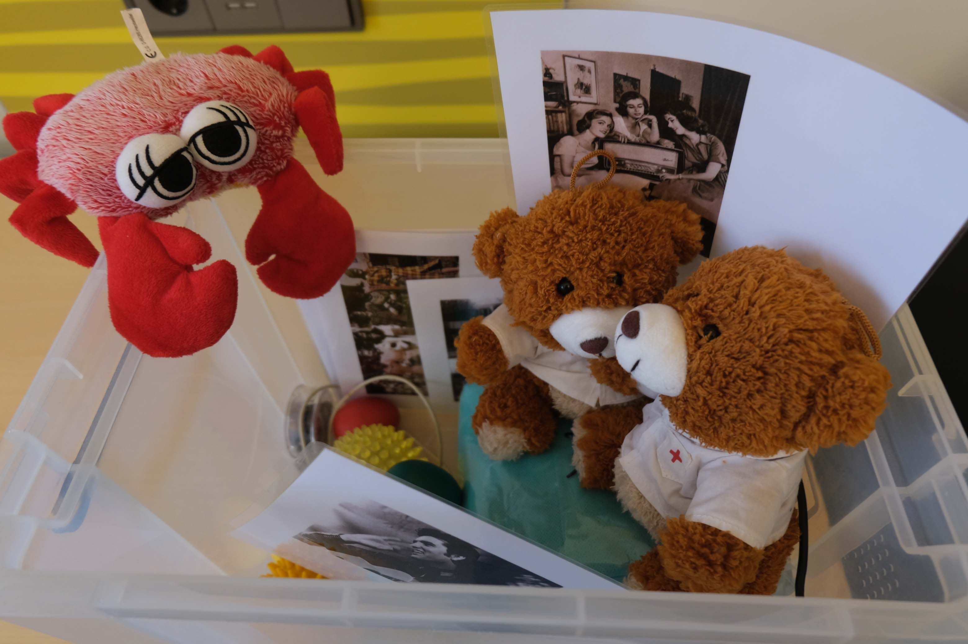 Blick in die Demenzkiste mit Kuscheltieren, alten Bildern, Rasseln und weiteren Dingen, die bei dementen Patientinnen und Patienten Vertrautheit und Ablenkung schaffen sollen