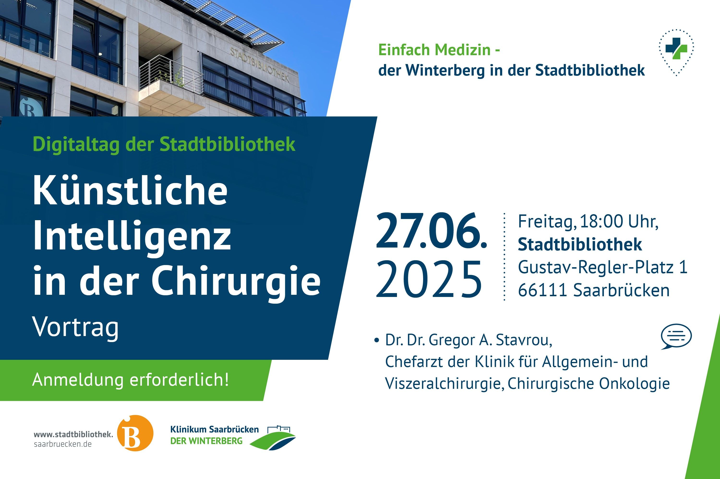Grafik zur Veranstaltung zum Digitaltag am 27.05.2025 in der Stadtbibliothek Saarbrücken mit dem Thema: Künstliche Intelligenz in der Chirurgie mit Dozent Chefarzt Dr. Dr. Gregor A. Stavrou