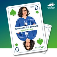 Grafik zur Hygienekampagne "Hygiene ist Trumpf", Stationsleiterin Mona Fröhlich: Sauberer Stich gewinnt. 