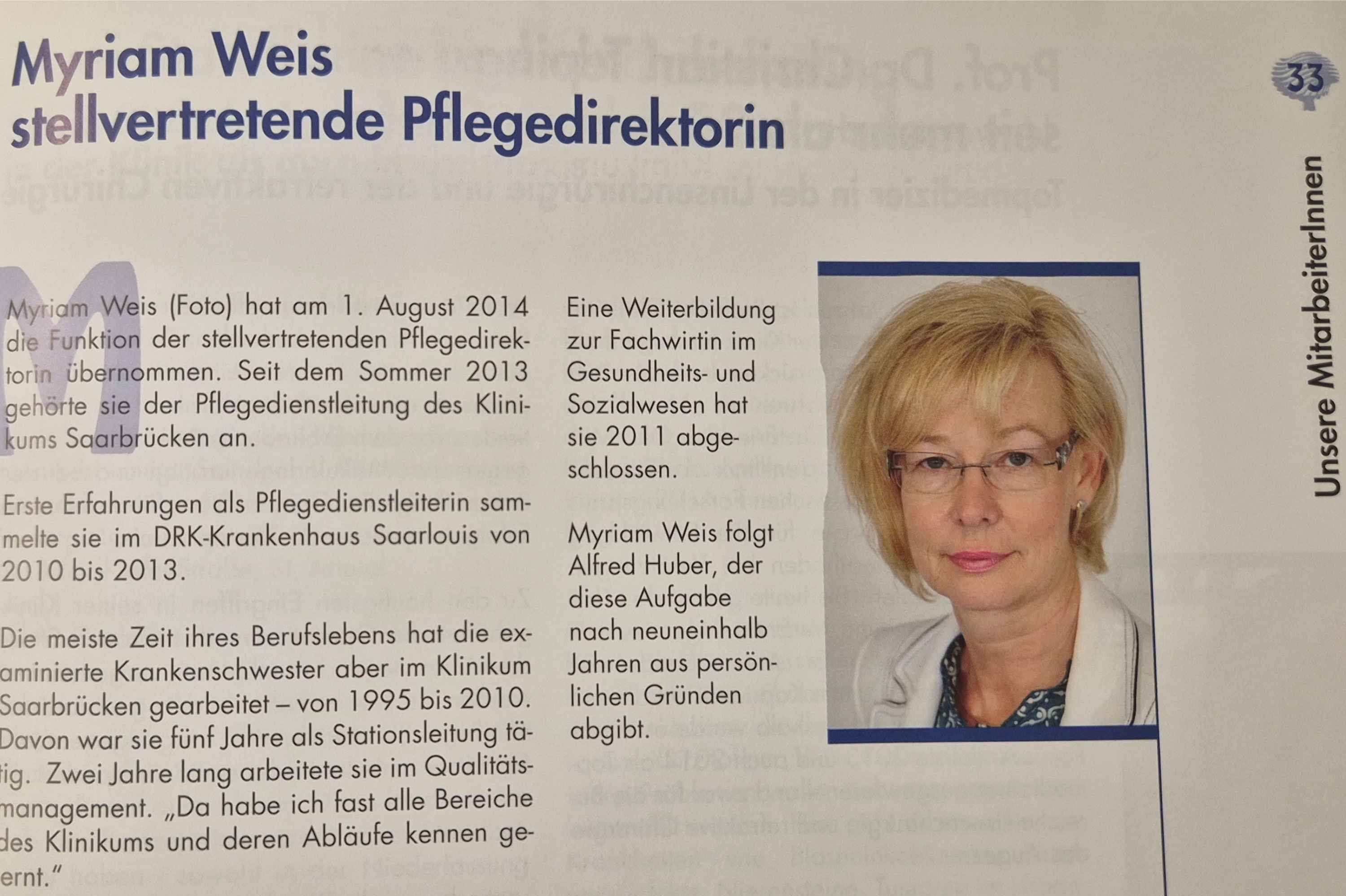 Ein Artikel aus einem alten Magazin über Myriam Weis als neue stellvertretende Pflegedirektorin