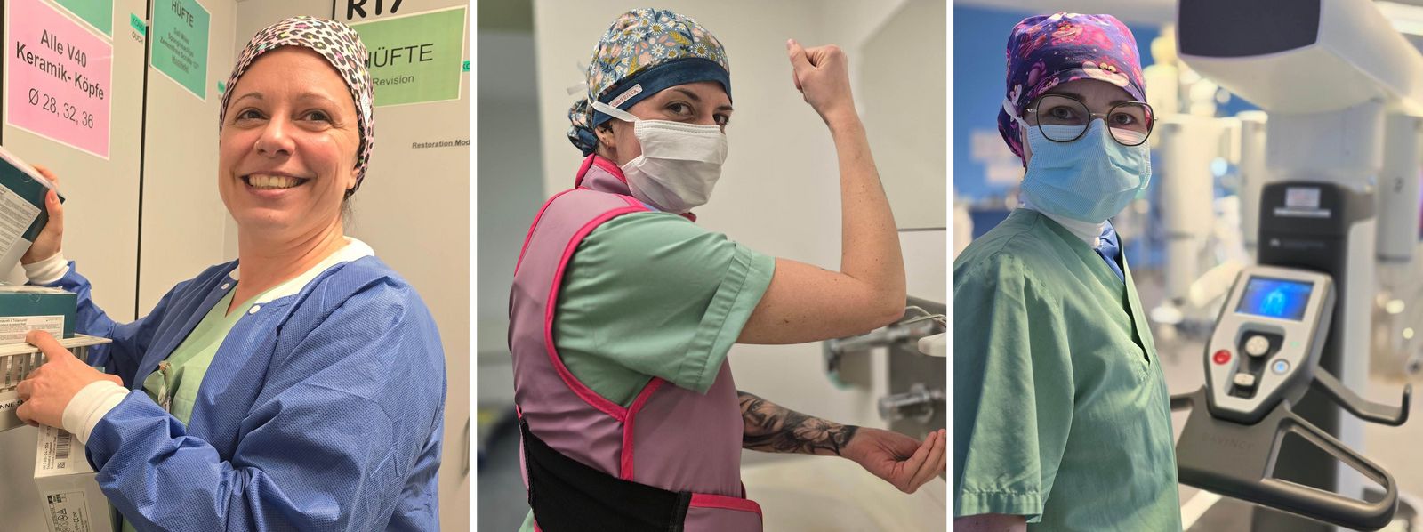 Eine Collage aus drei Fotos - zu sehen sind jeweils Mitarbeiterinnen aus dem OP in grüner Dienstkleidung OP-Management_Slider.jpg