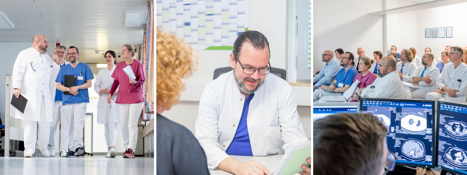 Collage aus drei Motiven: 1. Ärzte und onkologische Fachkraft besprechen sich im Flur; 2. Onkologe Gregg Frost im Büro im Patientengespräch; 3. bildgebende Diagnostik von Tumoren auf Bildschirmen, dahinter ein Expertenteam bei der Tumorkonferenz Onkologie_interdisziplinaeres_Arbeiten.jpg