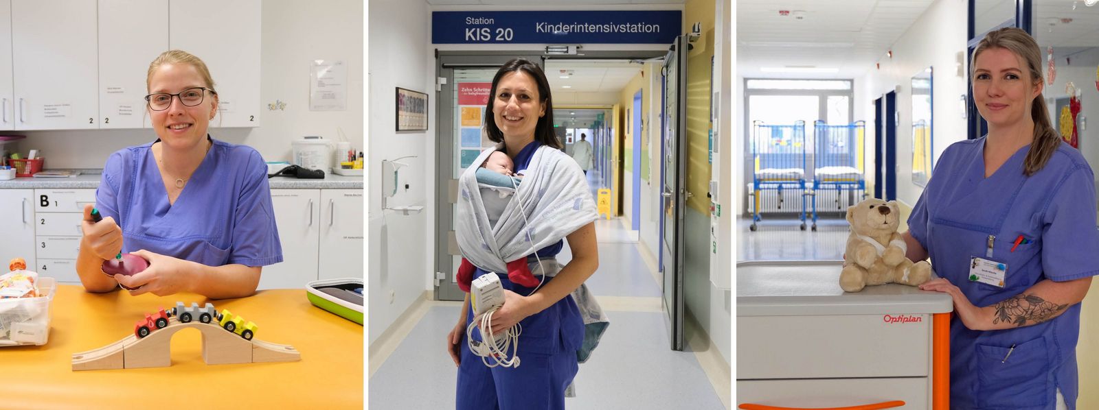 Collage aus drei Bildern: 1. C2-Stationsleiterin Angela Fecht mit einer Spielzeugbahn, 2. Bianka Lambert, stellvertretende Leiterin der Kinderintensivstation KIS20, mit einer Puppe im Tragetuch vor der KIS, 3. Gesundheits- und Kinderkrankenpflegerin Sarah Nietsche mit einem Pflegewagen auf der Station C1 auf dem ein Bärchen sitzt Kinderklinik_Pflegeteams_Slider.jpg