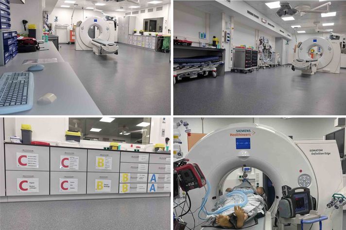 Schockraum in der Zentralen Notaufnahme im Klinikum Saarbrücken aus verschiedenen Perspektiven inklusive eines neuen CTs