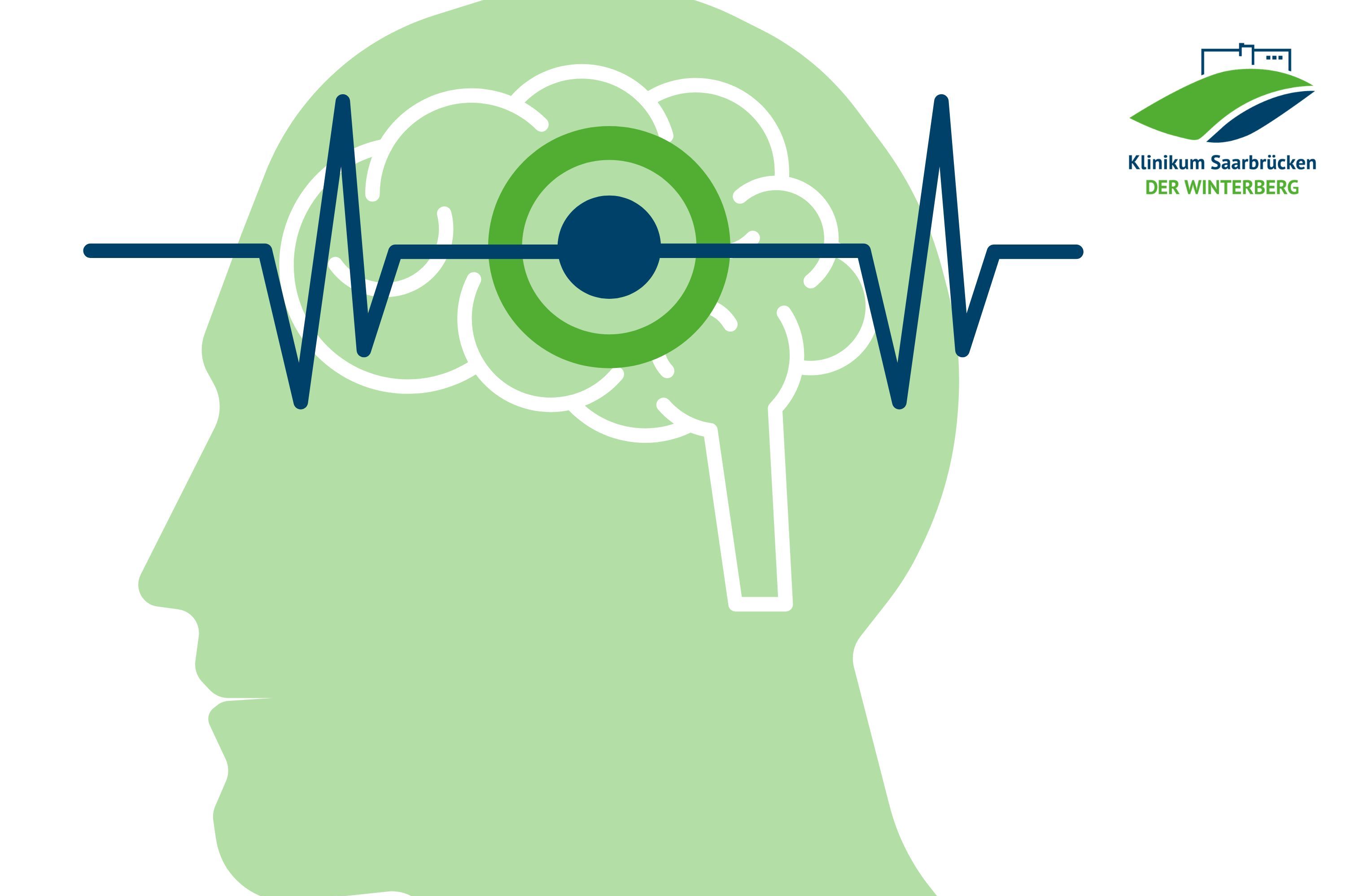 Das Bild zeigt ein Piktogramm eines Kopfes mit einem gezeichneten Gehirn, dazu Herzlinien als EKG sowie einen Punkt in der Mitte, der einen Schlaganfall symbolisieren soll.