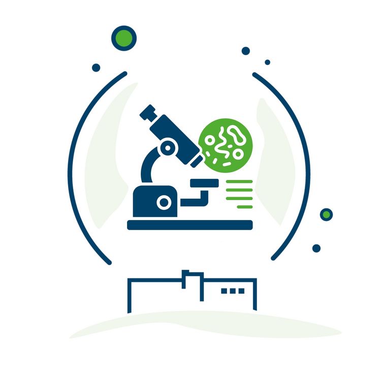 Icon: Mikroskop und Proben in den Winterberg-Farben Grün und Blau über dem Klinikum Saarbrücken