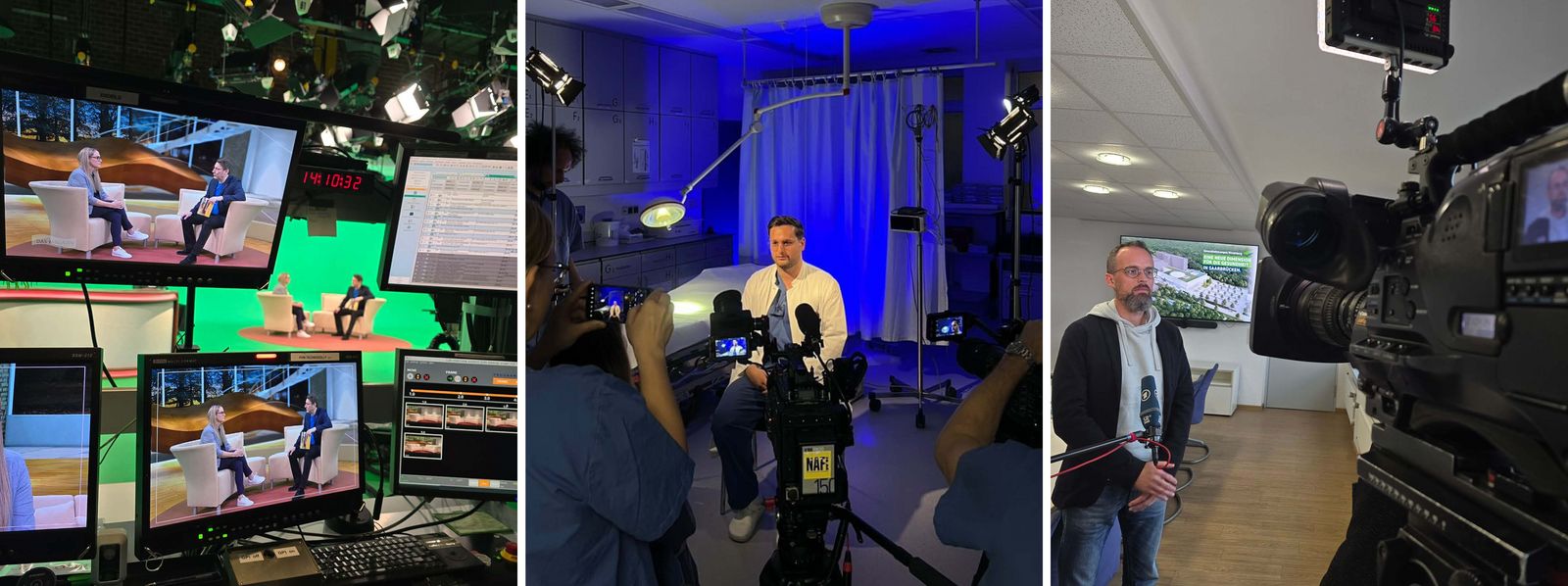 Collage mit drei Bildern: Blick auf Monitore im Fernsehstudio während eines Interviews, Interview mit Arzt in der Notaufnahme, Fernsehinterview mit Dr. Christian Braun in einem Büro mit einer großen Videokamera Drehaufnahmen_Slider.jpg