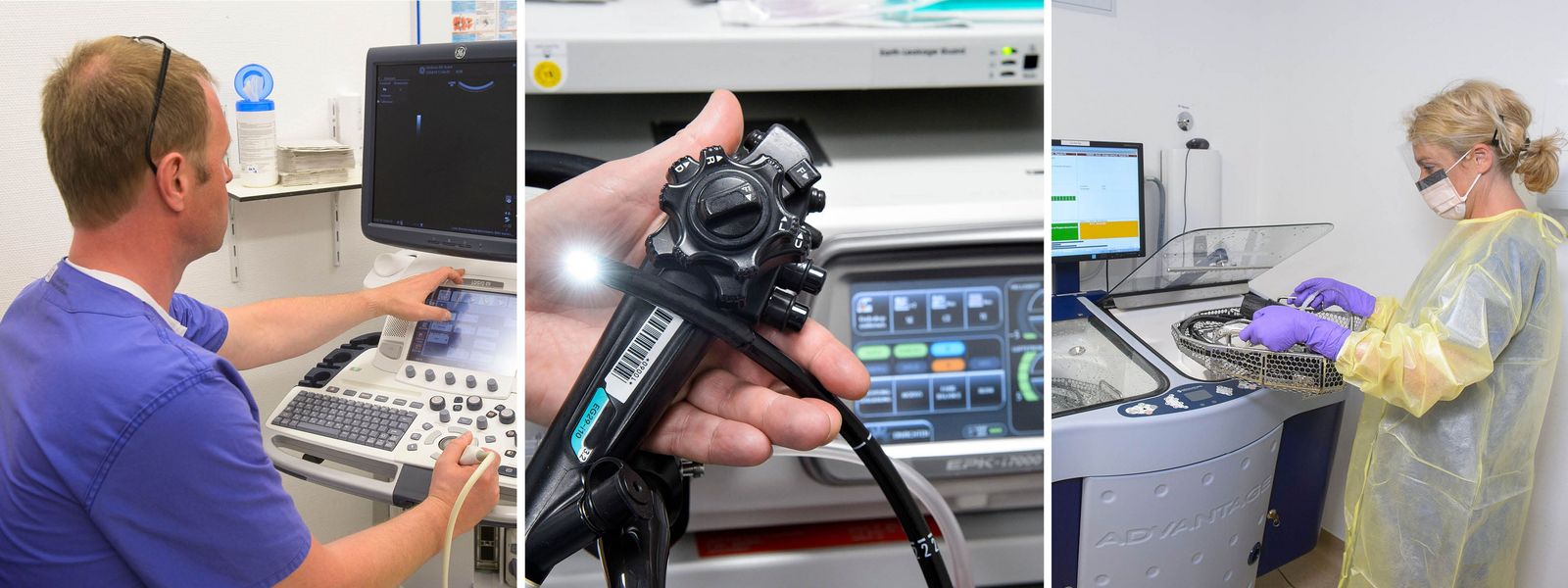 Collage aus drei Bildern: links Chefarzt Dr. Klaus Radecke an einem Ultraschallgerät, Bild Mitte: Endoskop in der Hand, rechts: Mitarbeitende reinigt endoskopische Geräte  in Schutzkleidung  Gastro_Slider_3.jpg